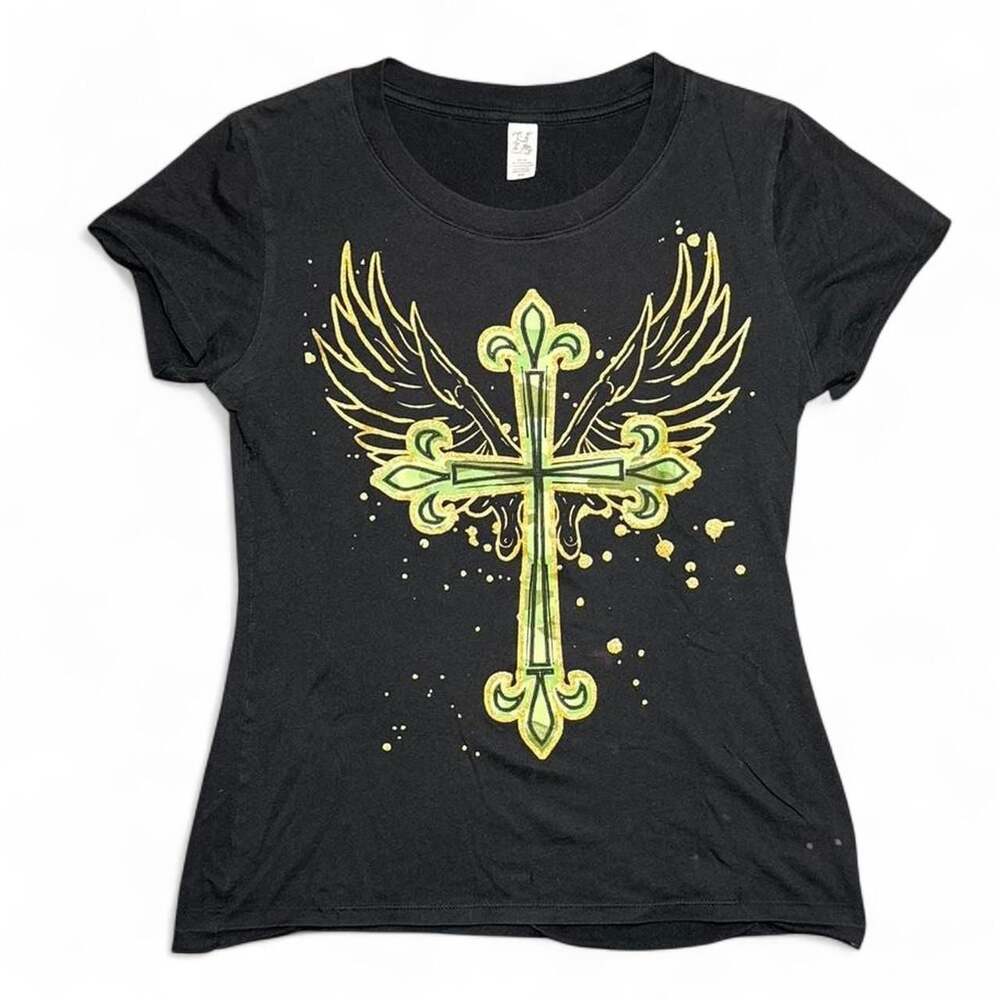 Hybrid Black Cross & Wings Graphic T-Shirt Women's Size M
